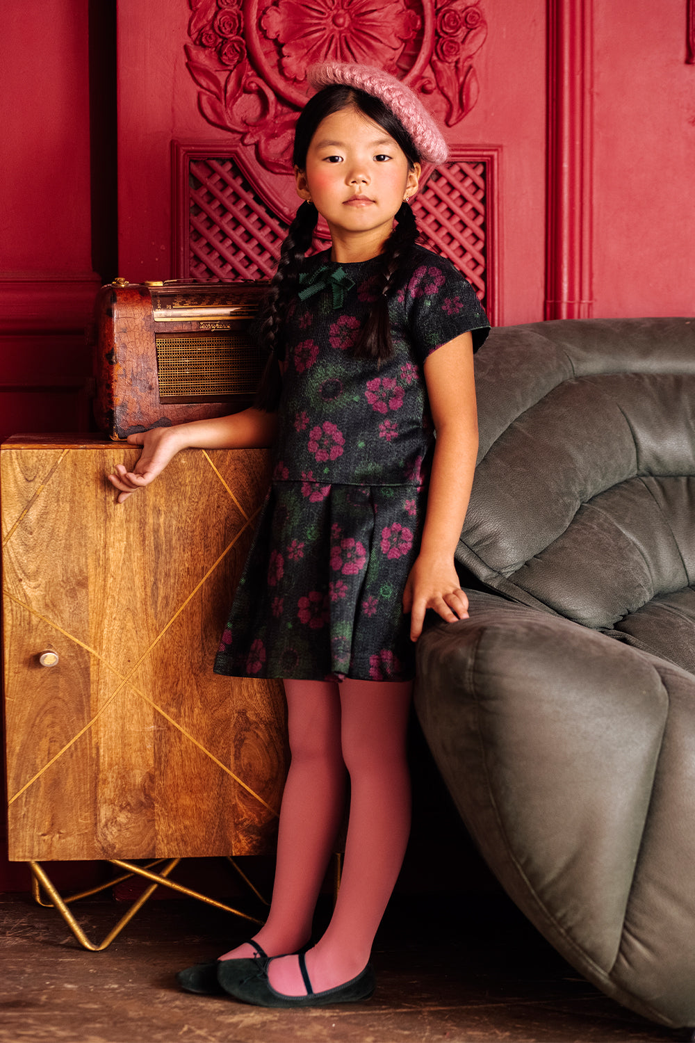 Green and fuchsia flowers cotton denim dress with green grossgrain bow