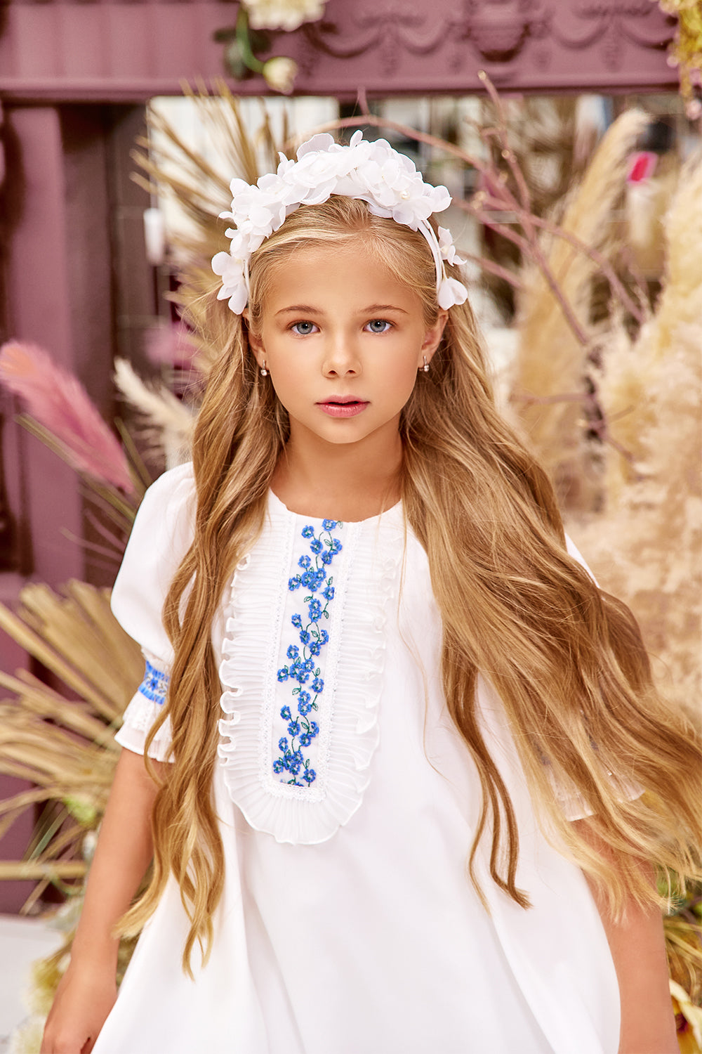 White chiffon flare dress with blue floral embroidered lace details with pleated chiffon