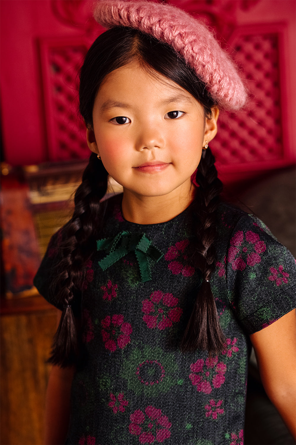 Green and fuchsia flowers cotton denim dress with green grossgrain bow