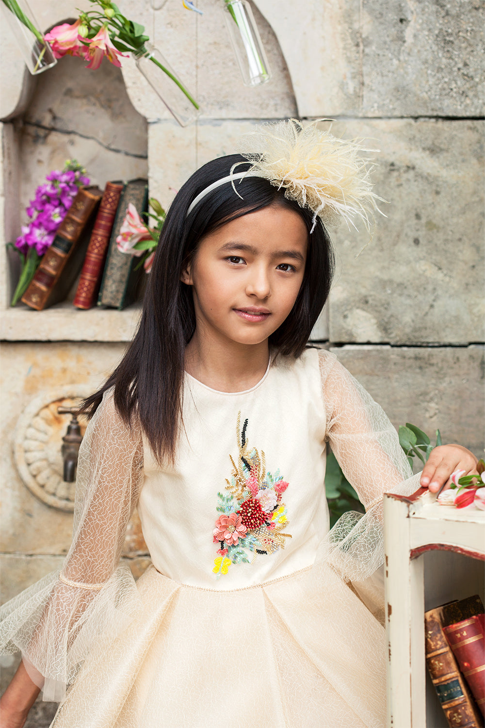 Ecru tulle dress with hand-made floral embroidery