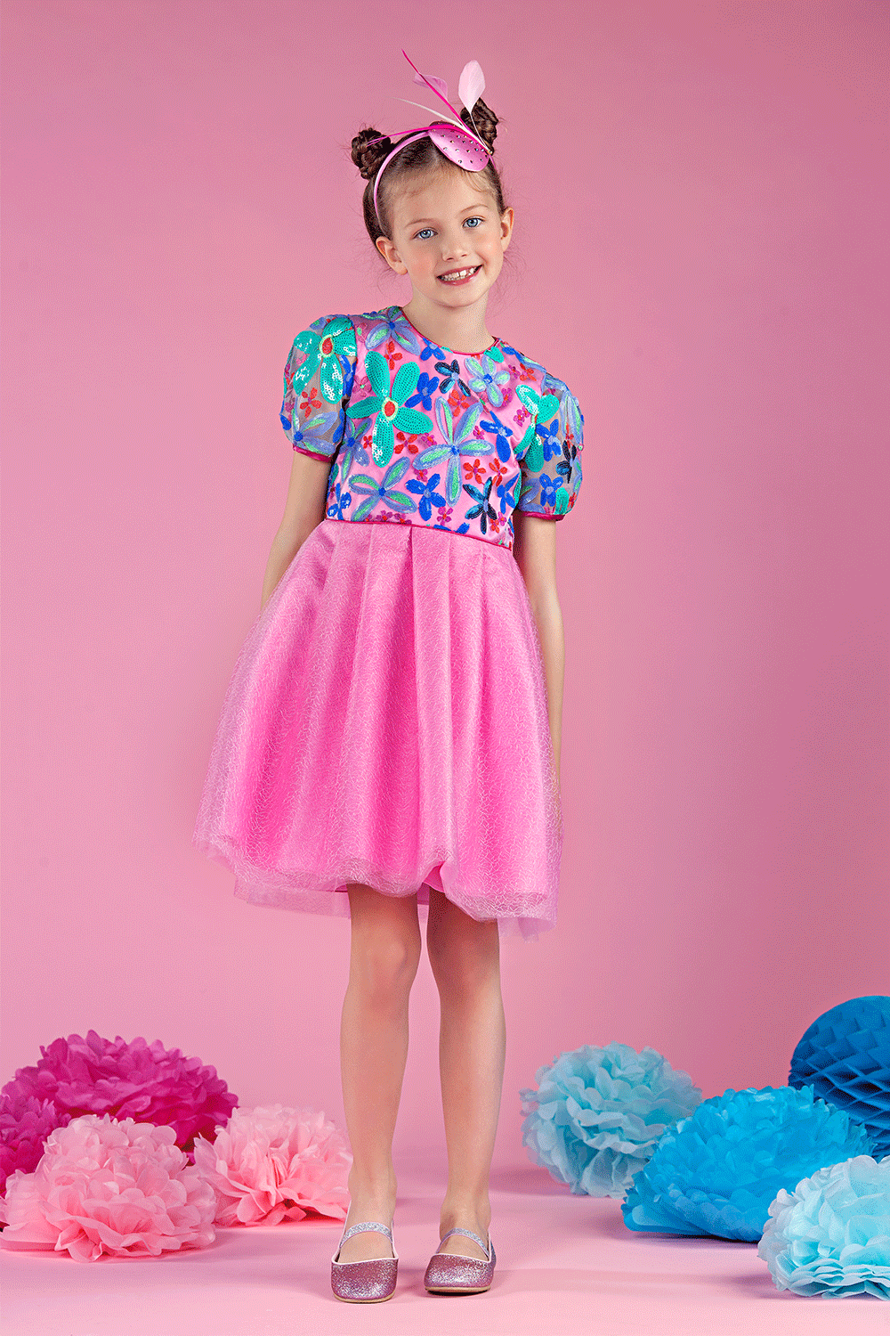 Pink tulle dress with sequin lace upper part