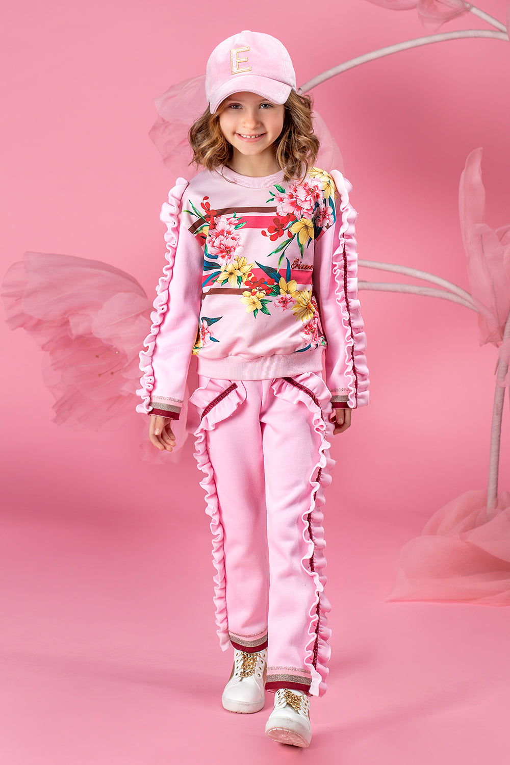 Pink printed floral tracksuit with frills