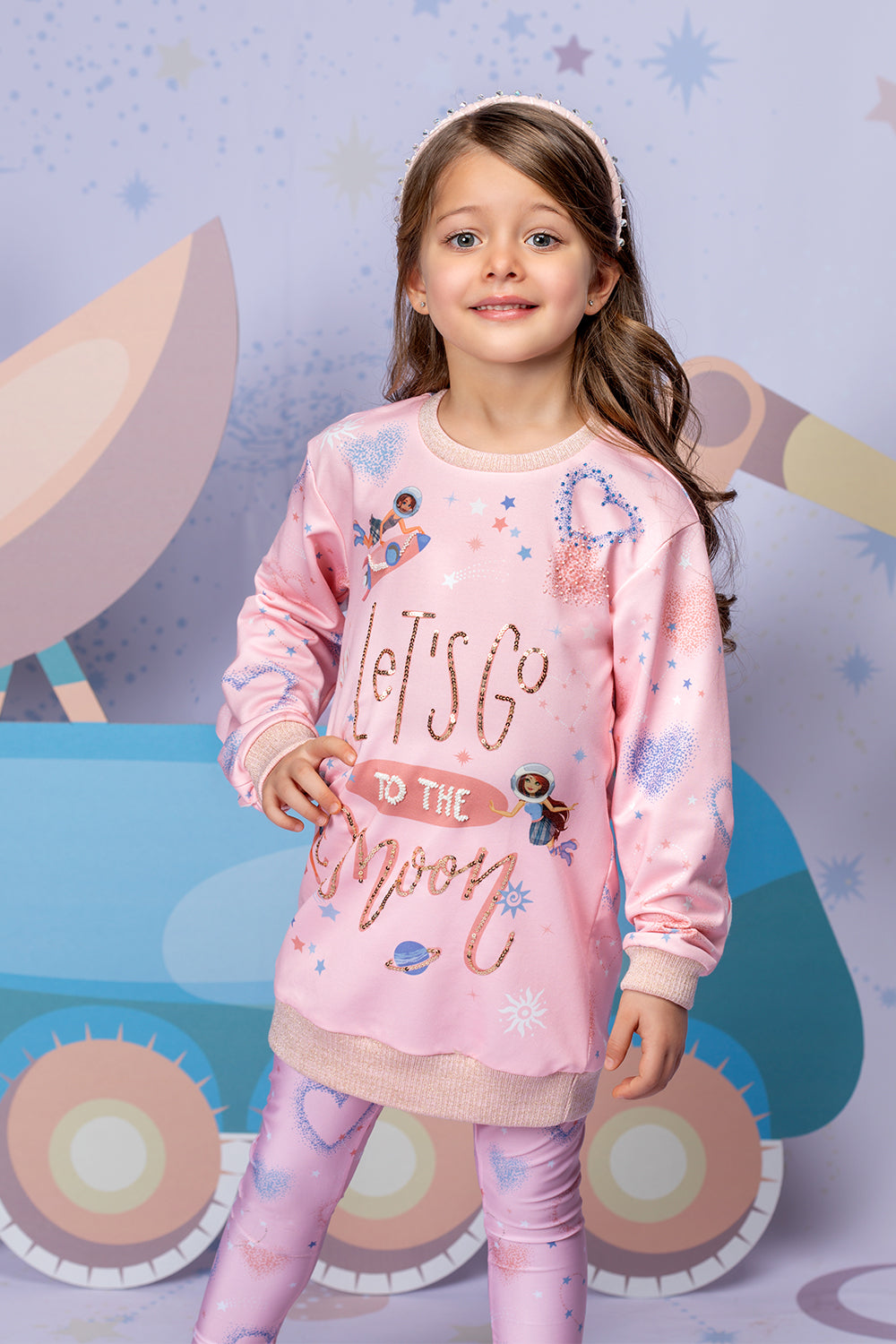 Pink "Let's go to the Moon" printed tunic dress with handmade embellishments