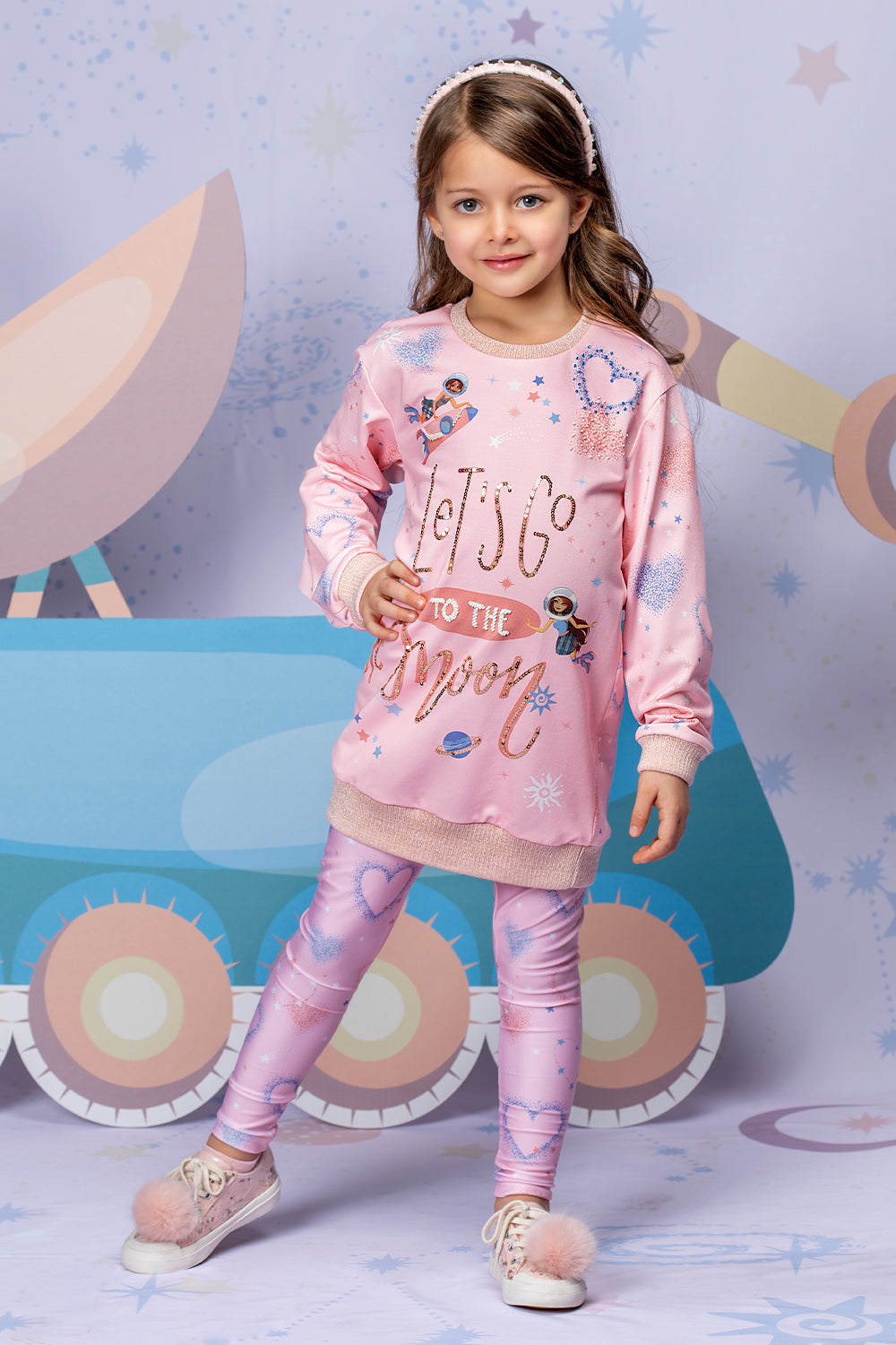 Pink "Let's go to the Moon" printed tunic dress with handmade embellishments