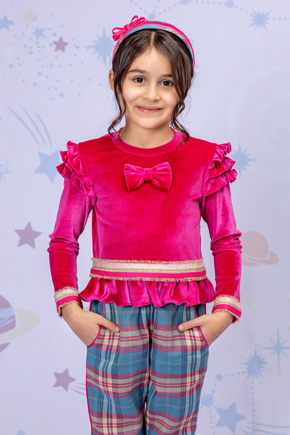 Velvet fuchsia top and plaid trousers set