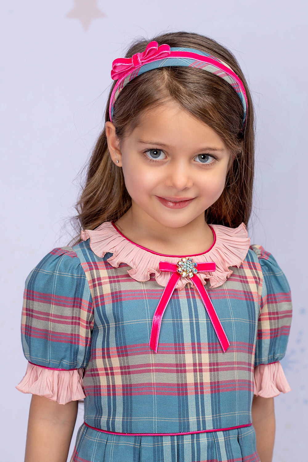 Plaid fuchsia and blue dress with Swarovski button and bow