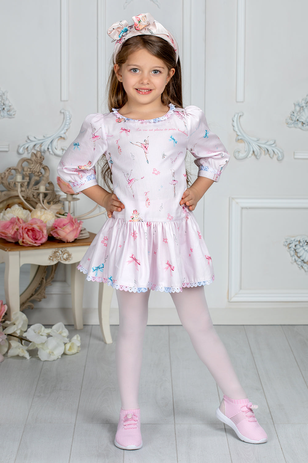 Pale pink cotton dress with ballet print
