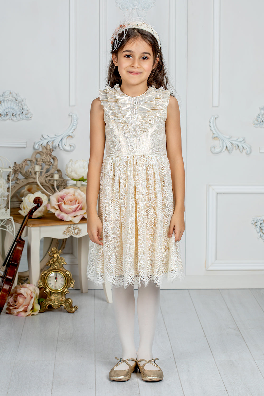 Ecru shiny lace dress with ruffles