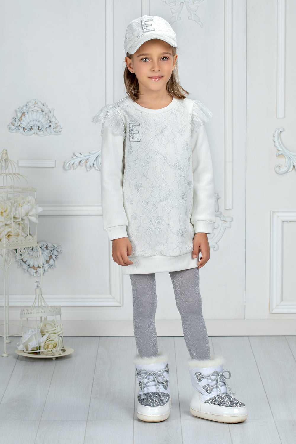 White and silver lace tunic dress