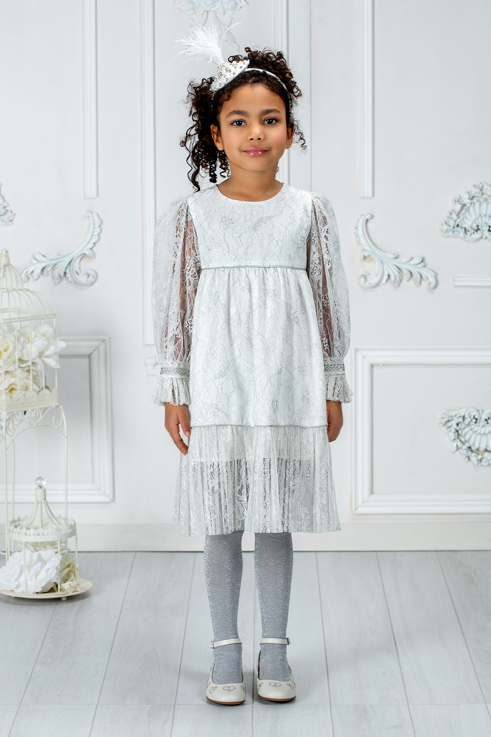White and silver pleated lace dress with long sleeves