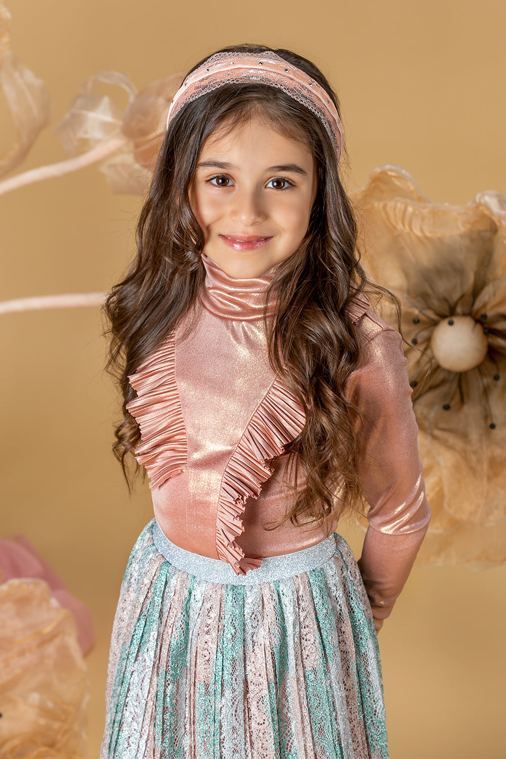 Pink and seafoam green pleated lace skirt