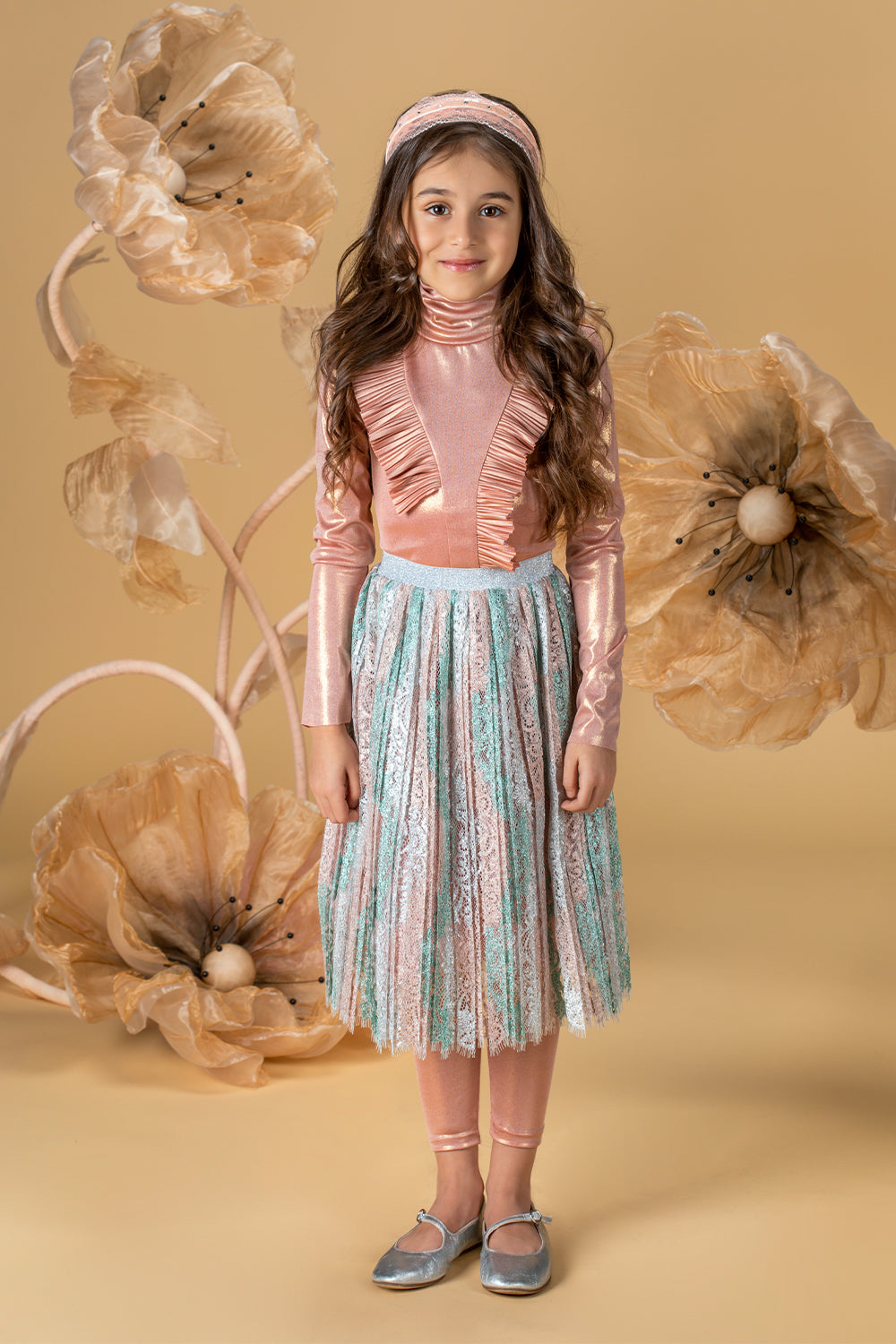 Pink and seafoam green pleated lace skirt