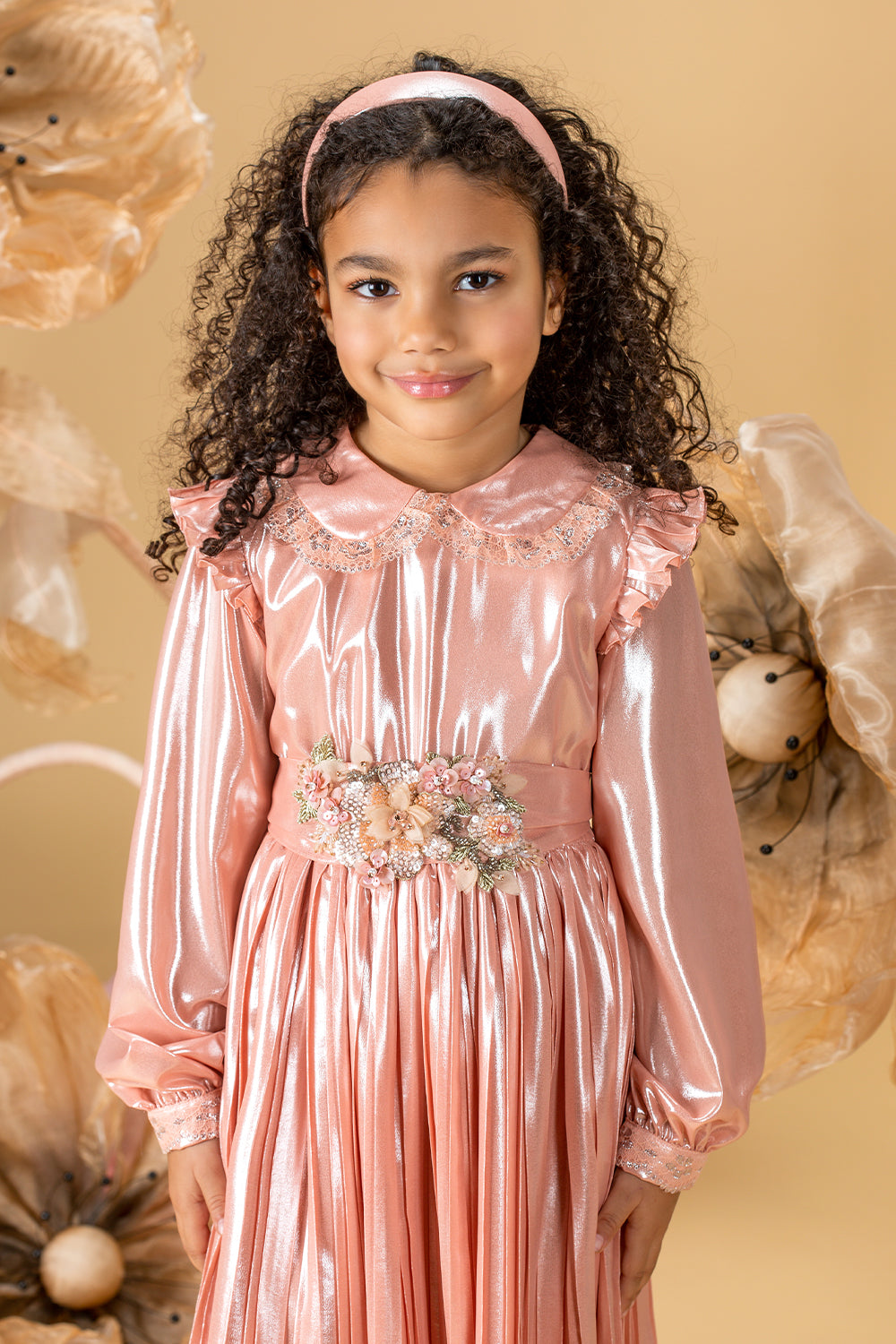 Shimmering rose gold dress with a handmade floral detachable belt