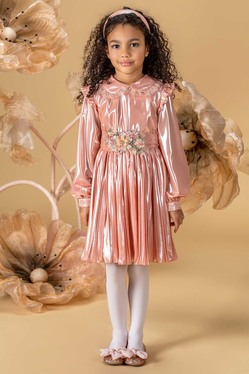 Shimmering rose gold dress with a handmade floral detachable belt