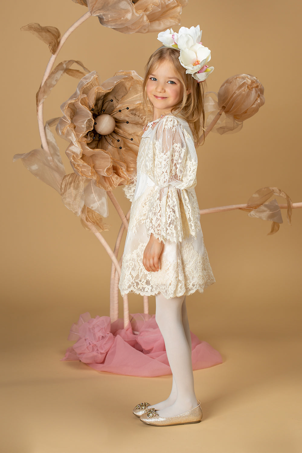 Ecru lace dress with long sleeves and handmade embellishments