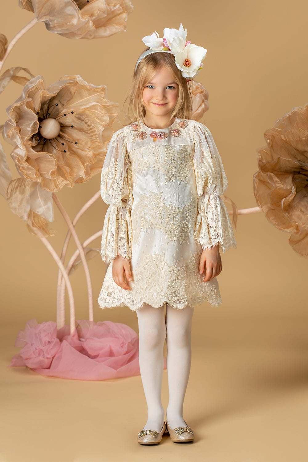 Ecru lace dress with long sleeves and handmade embellishments