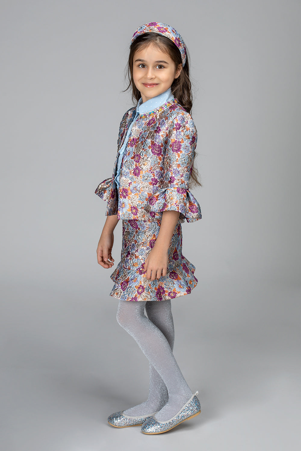 Multicolor shimmering jacquard blazer and skirt set