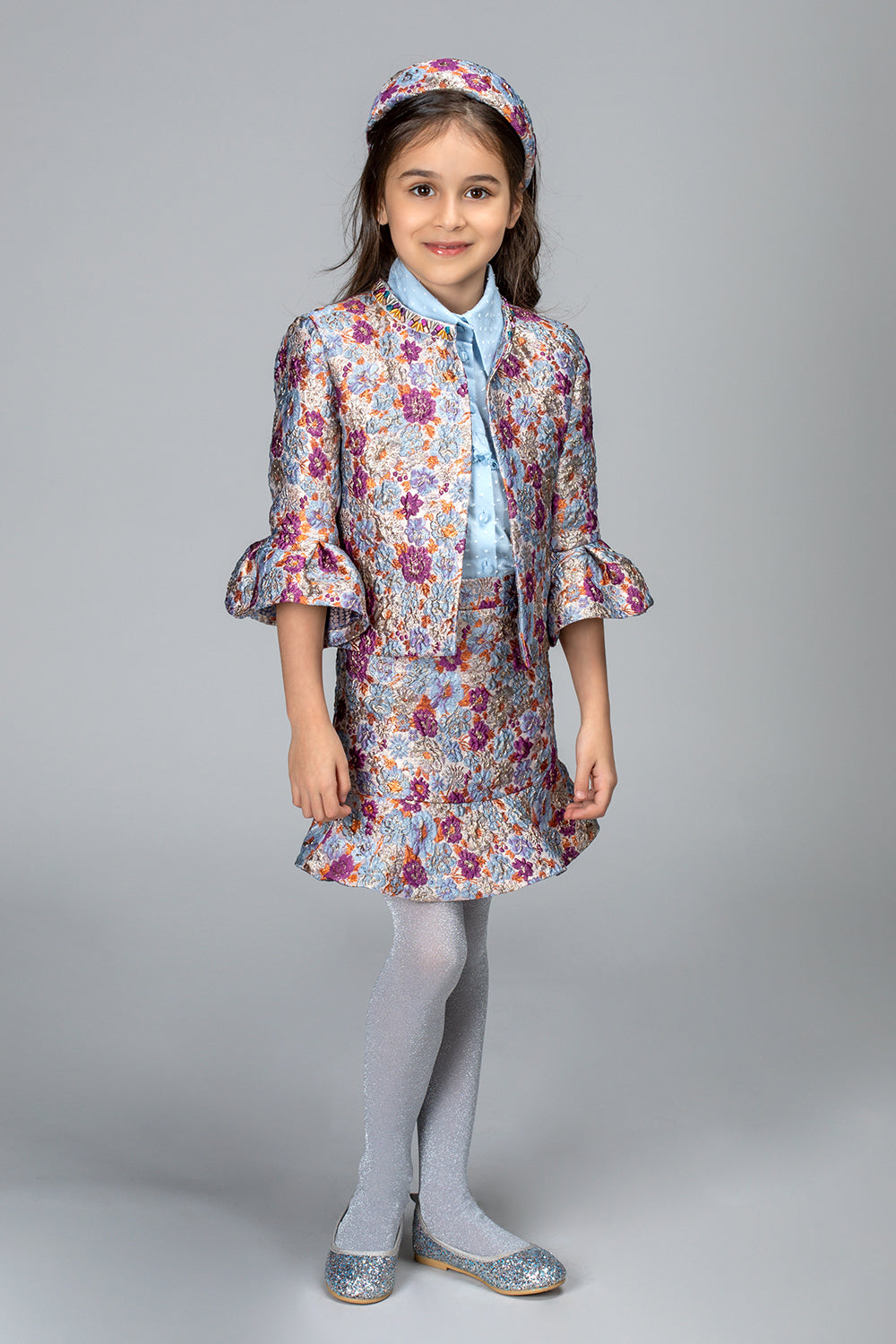 Multicolor shimmering jacquard blazer and skirt set