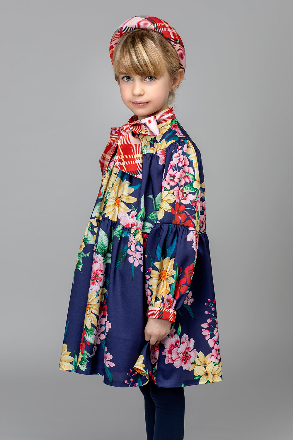 Blue floral printed dress with checked bow