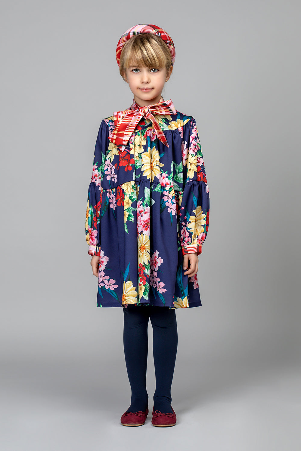 Blue floral printed dress with checked bow