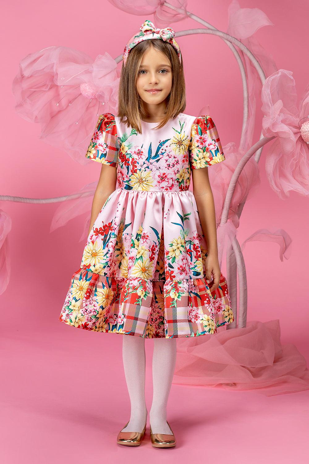 Pink printed floral dress with Swarovski crystals