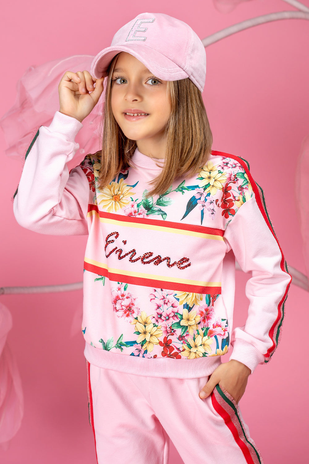 Pink floral tracksuit with handmade embellishments