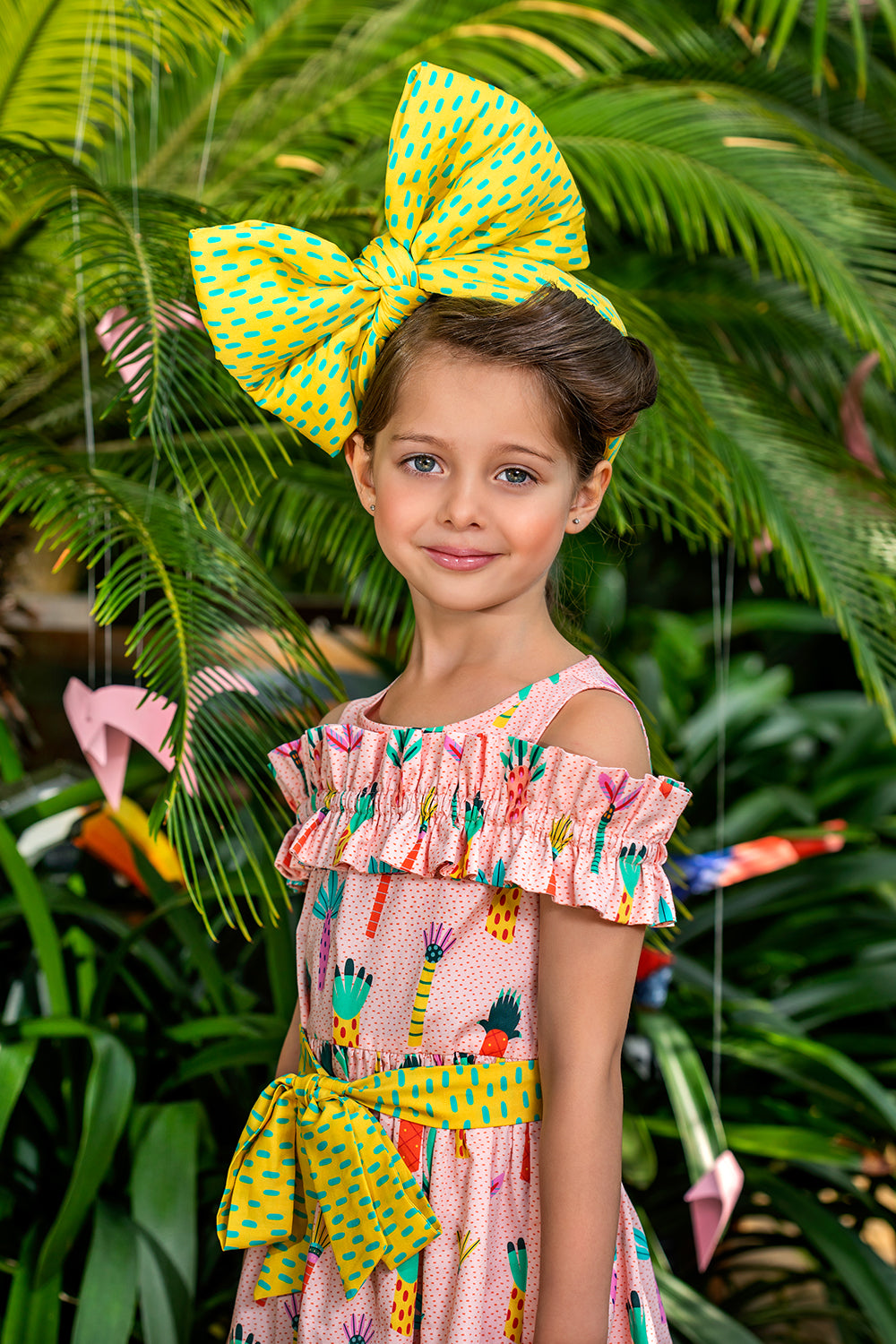 Cotton palms dress with shoulder frill and contrast belt