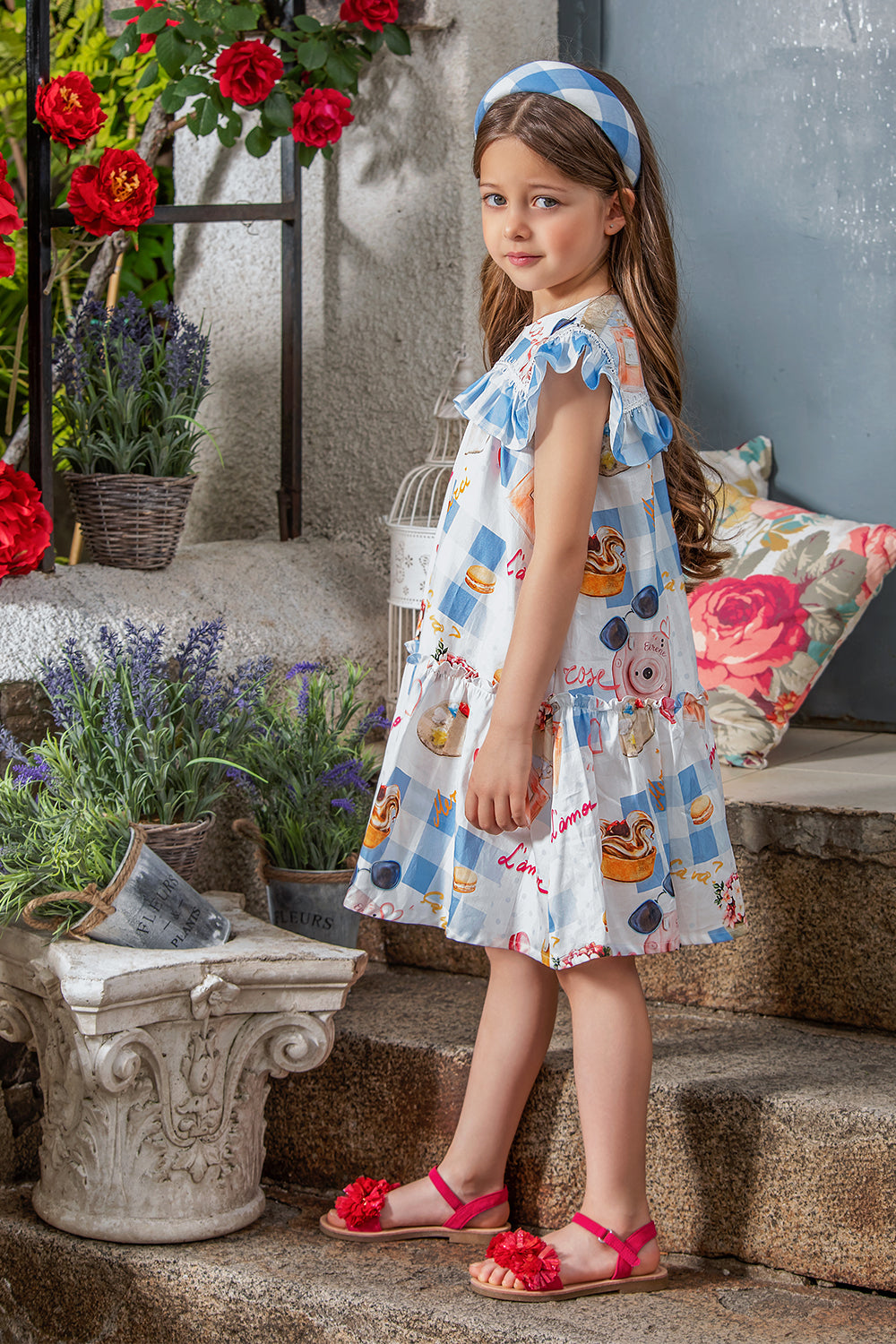 French symbols blue and white check cotton dress with frills