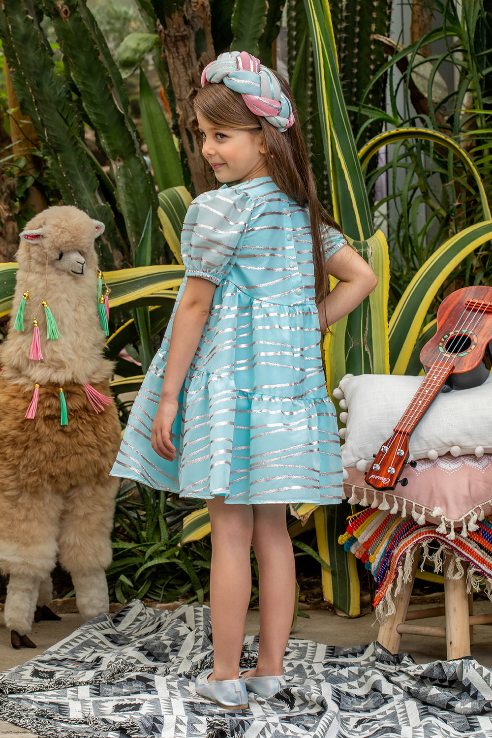 Light blue chiffon dress with silver stripes