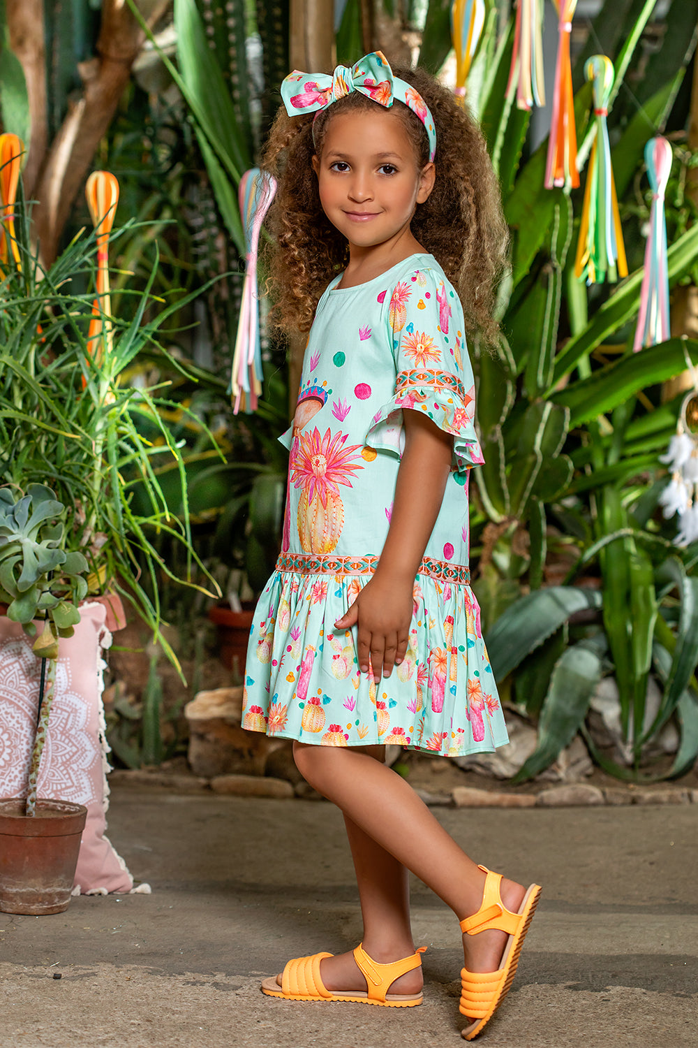 Mint cotton dress with big yellow and pink cactuses and matching trimmings