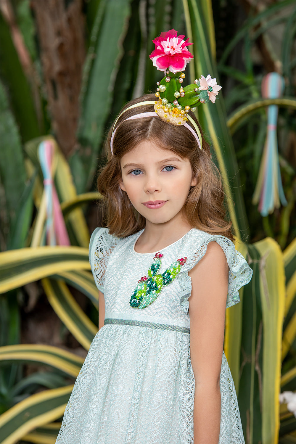 Mint lace dress with hand-made cactus embroidery