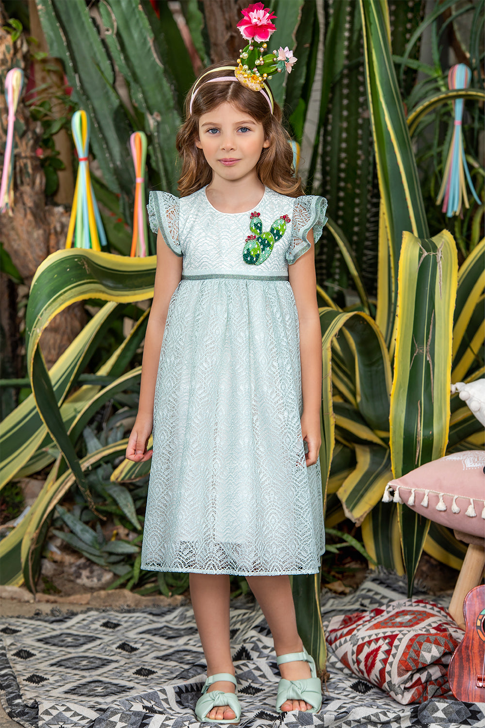 Mint lace dress with hand-made cactus embroidery