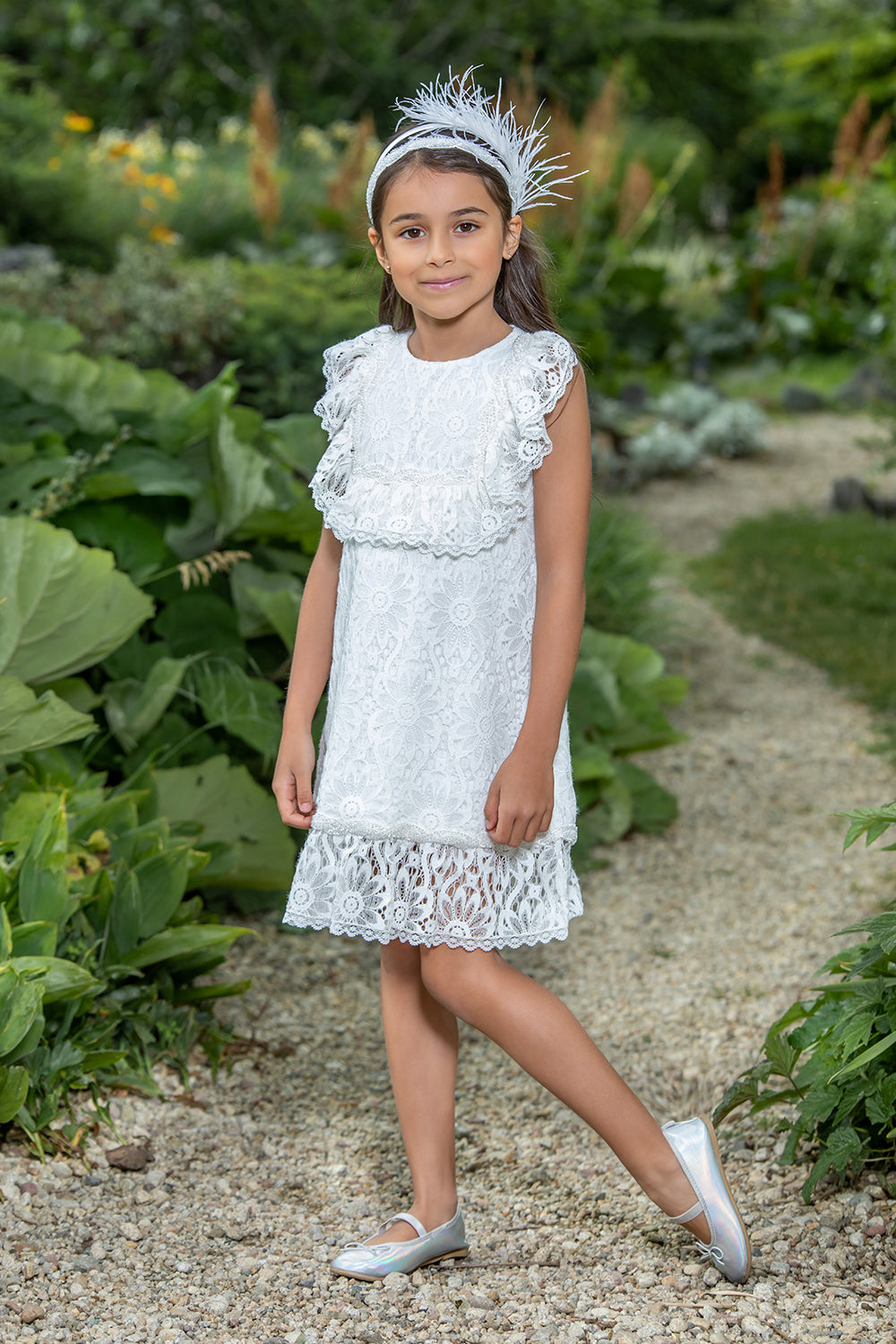 White floral lace dress with frills and hand-made embellishment