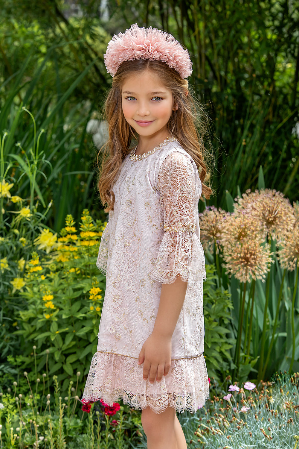 Pale pink and gold lace dress