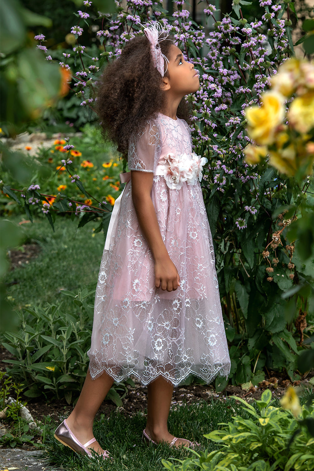Powder pink and silver lace dress with flower belt