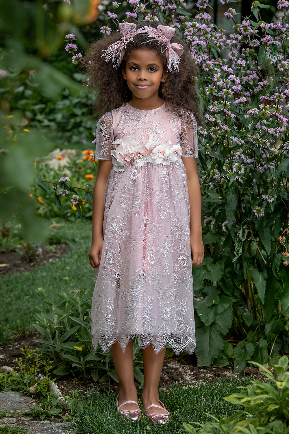 Powder pink and silver lace dress with flower belt