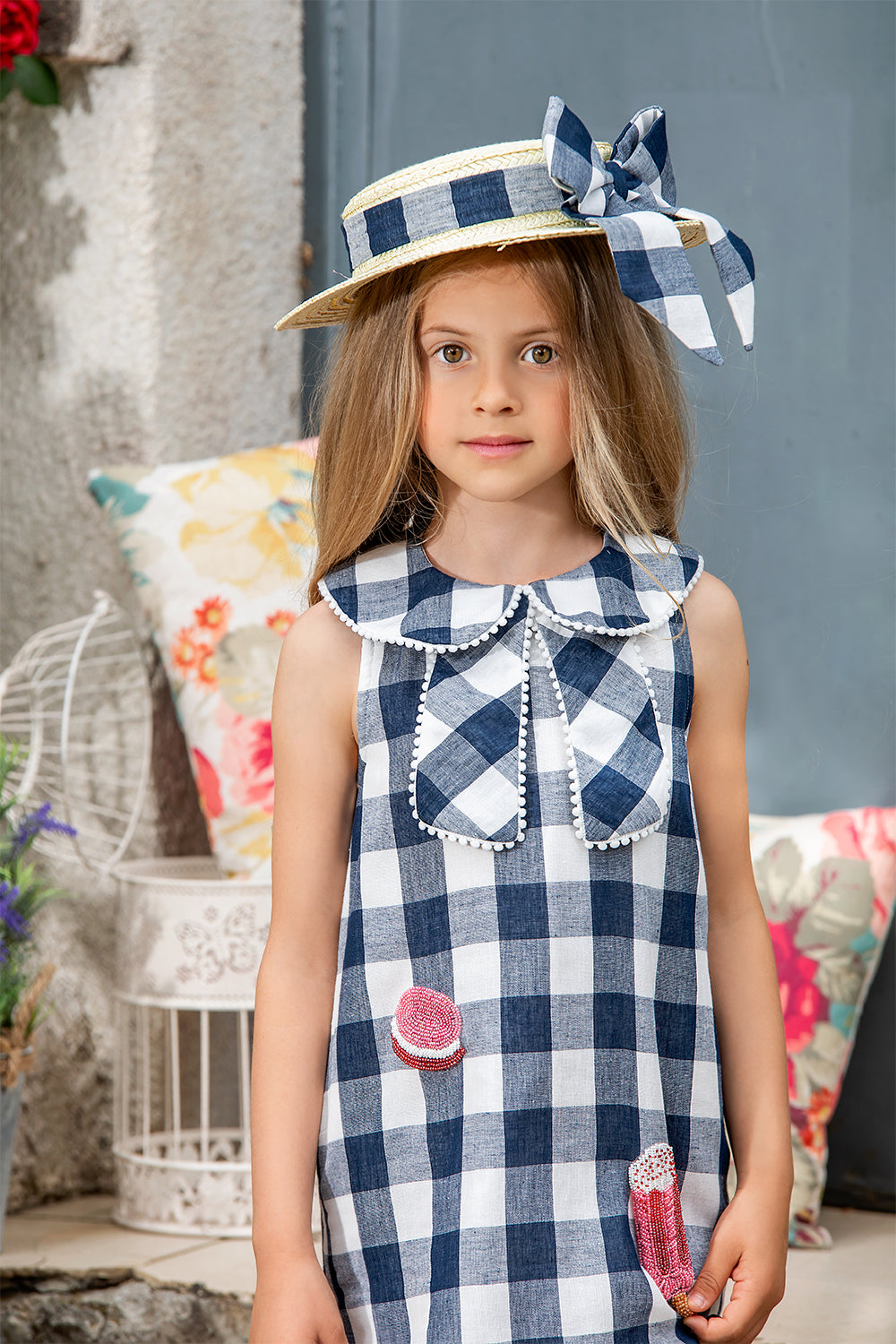Dark blue and white check cotton dress with hand-made embellished macaroon and ice-cream