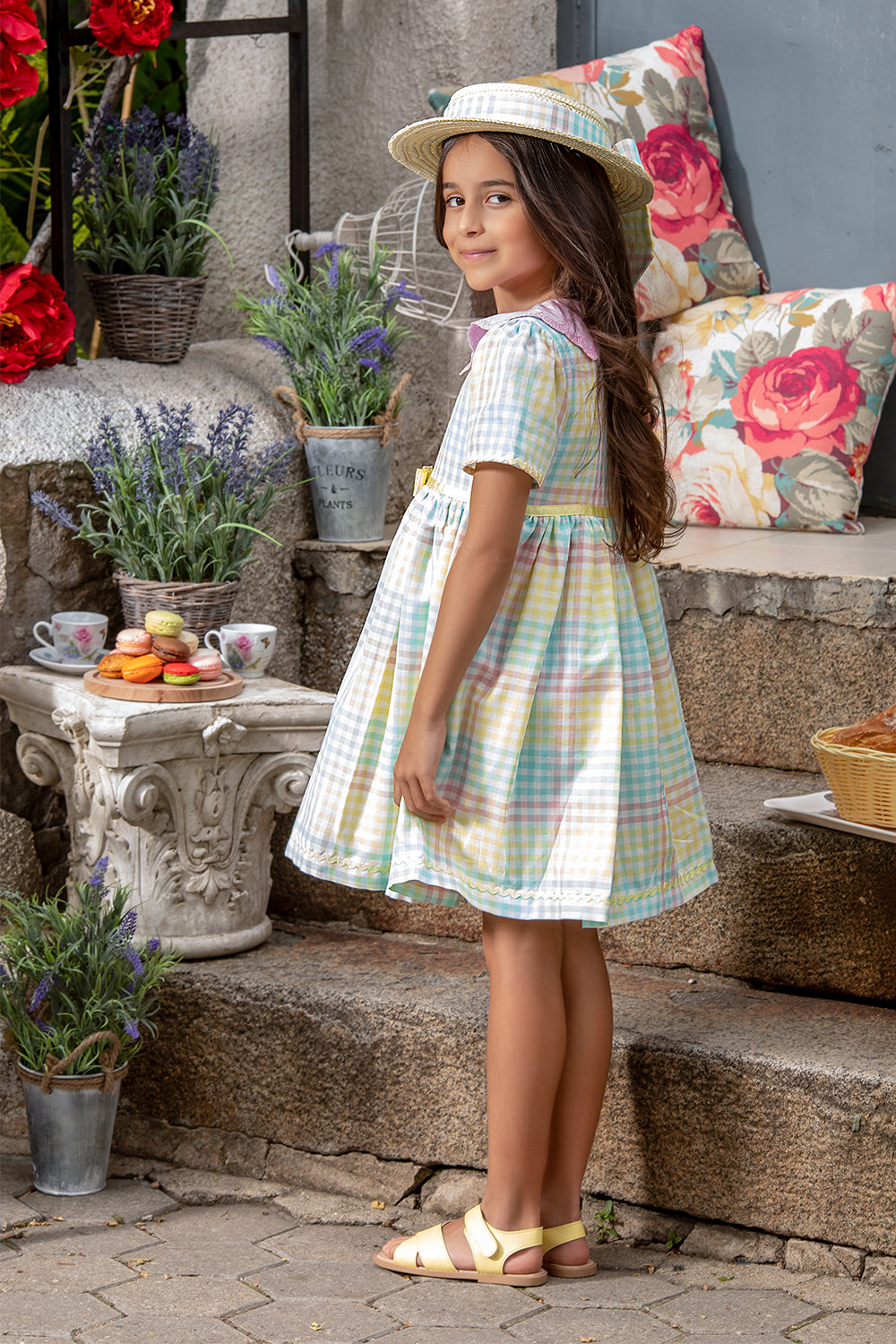 Mint, yellow, pink and white check cotton dress with pink collar and yellow bow