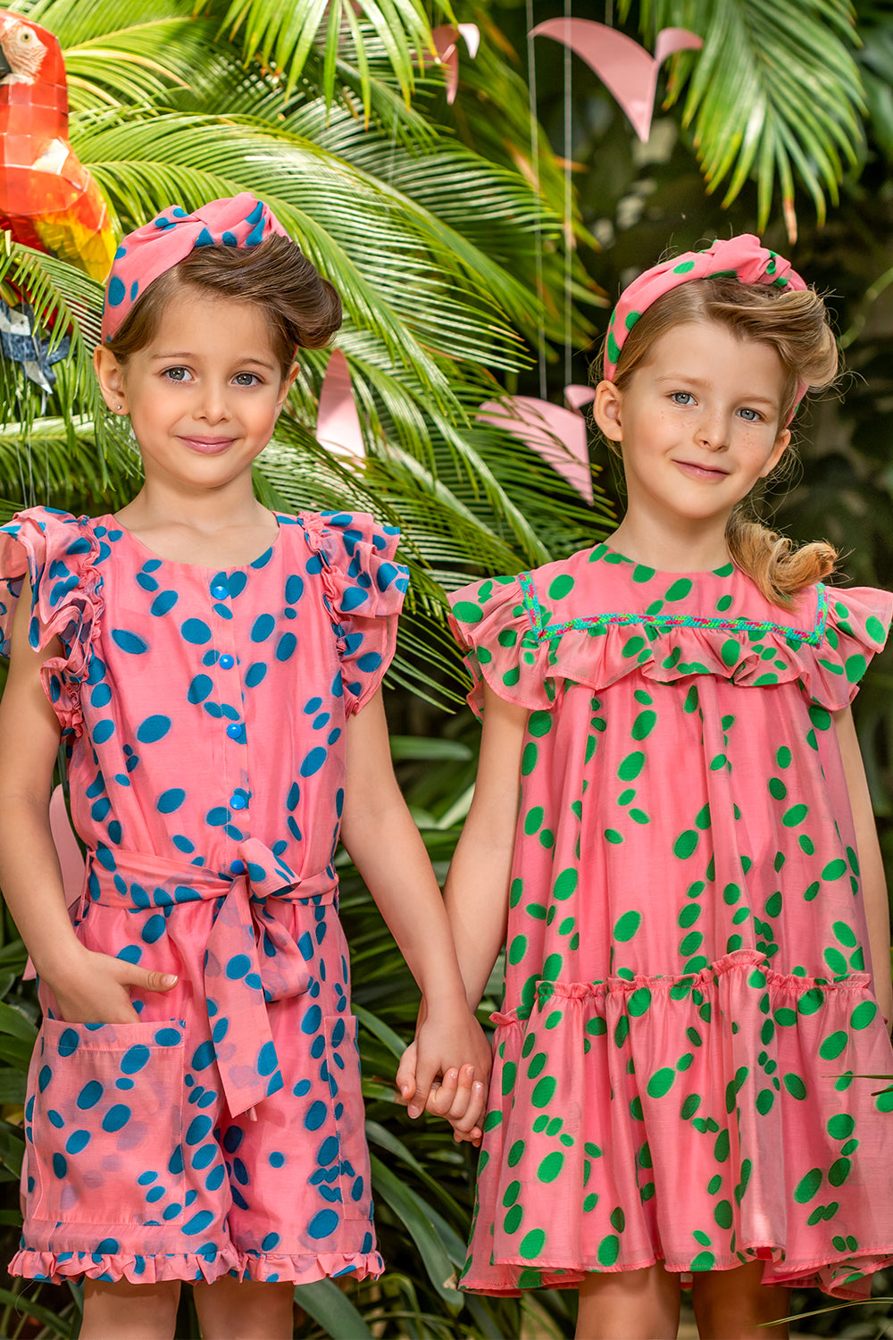 Coral viscose jumpsuit with blue dots