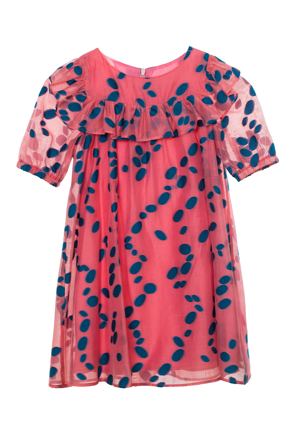 Coral viscose dress with blue dots