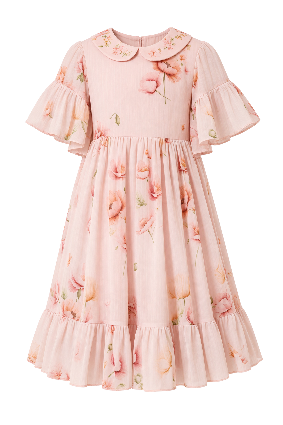EIRENE - Luxury Fashion for Kids light pink chiffon dress with floral print, flutter sleeves, and embroidered collar.