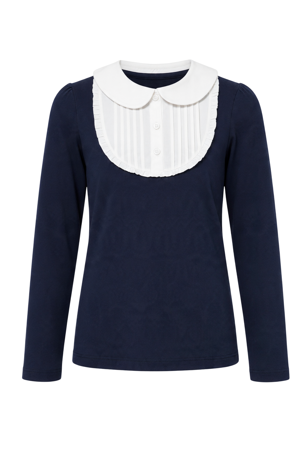 Blue jersey top with white front detail and collar - product view