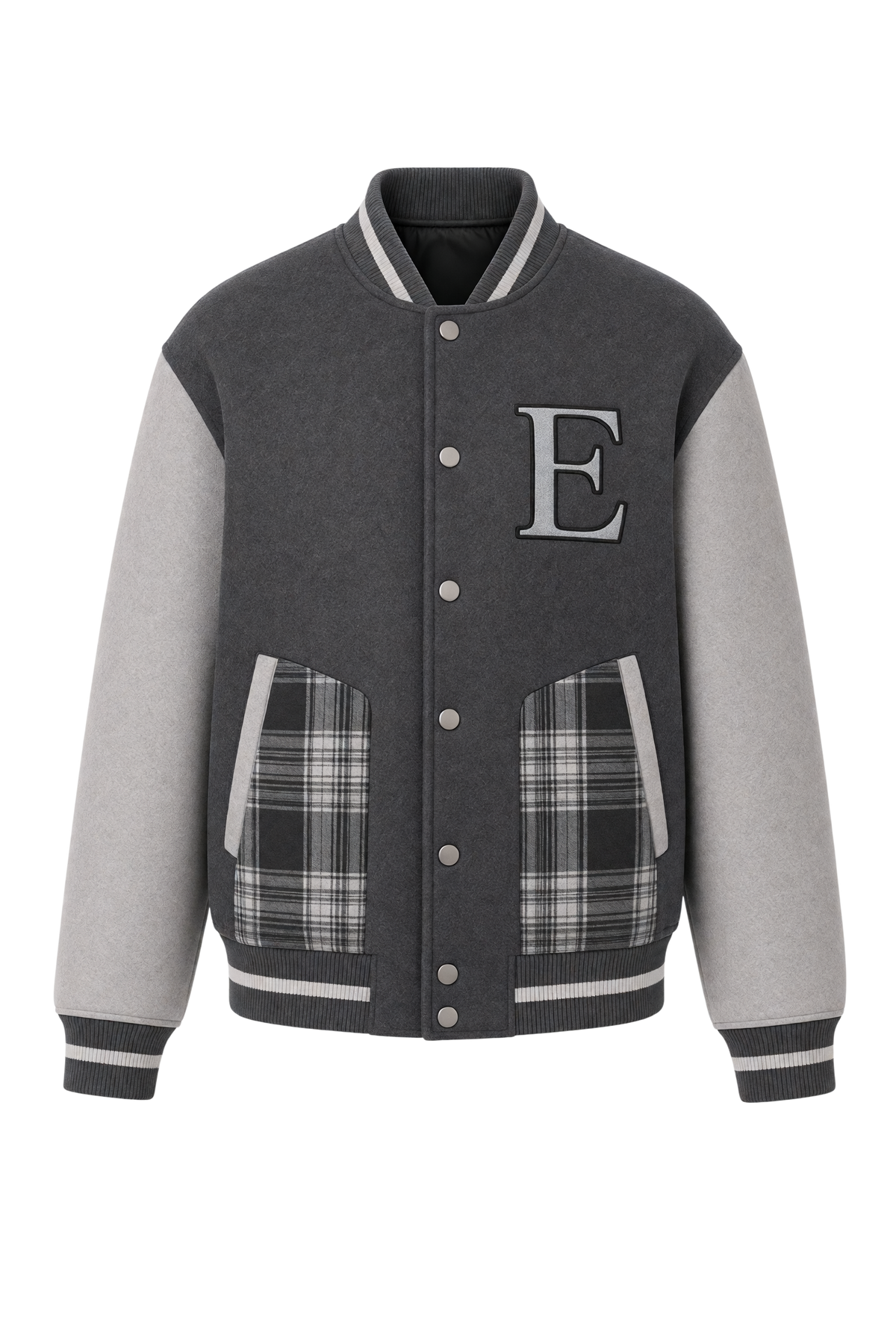Two shades of gray bomber jacket with plaid detail - product view
