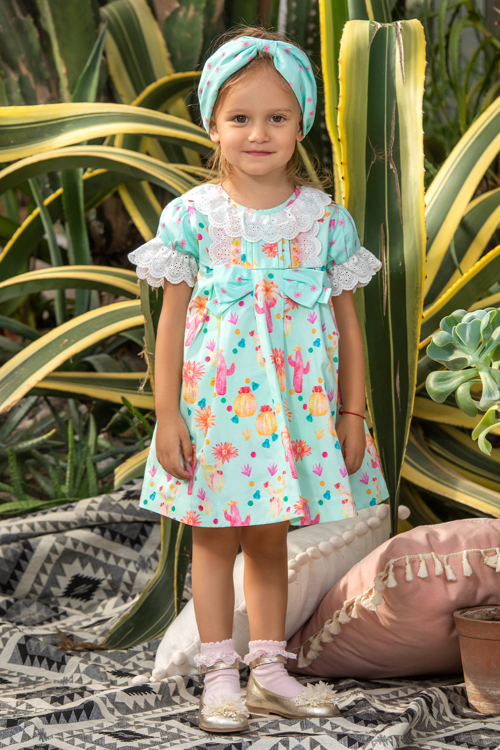 Baby mint yellow and pink cactuses dress with panties