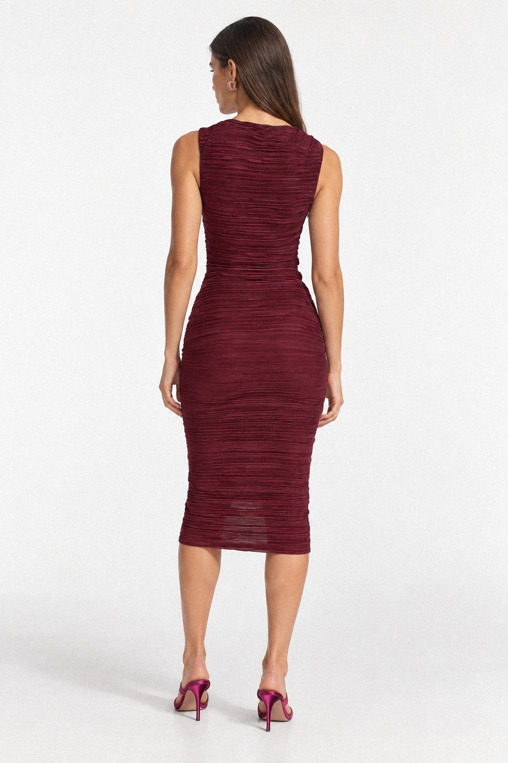 VESPER draped midi dress in deep burgundy - back view
