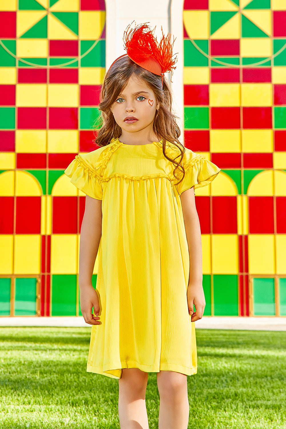 Bright yellow flare dress with matching trimming Bright yellow flare dress with matching trimming