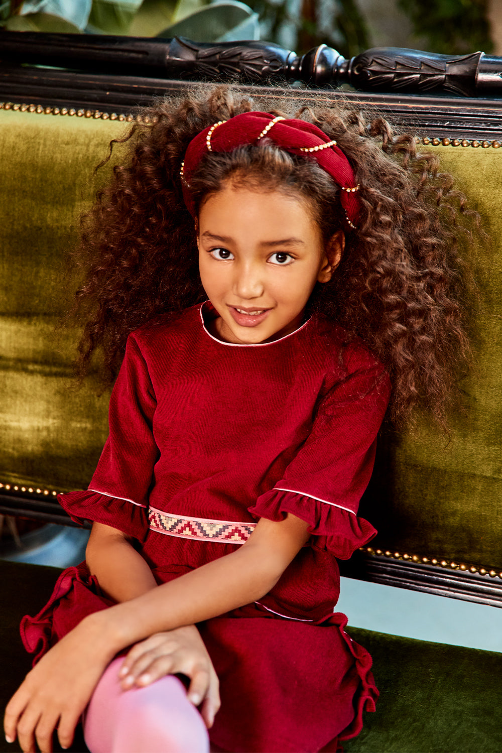 Burgundy corduroy cotton dress with contrast waist detail