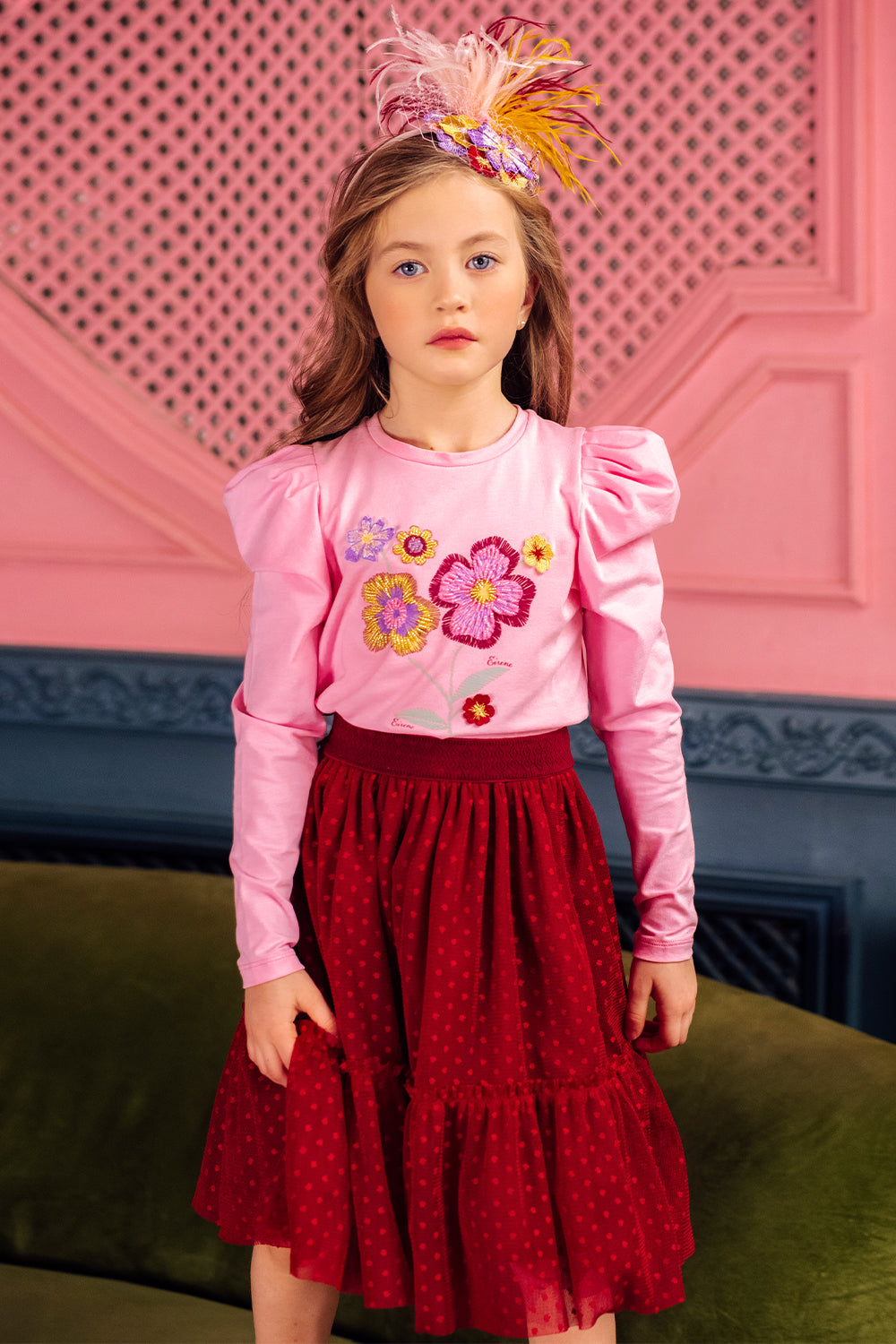 Burgundy dotted tulle skirt with elastic waistband