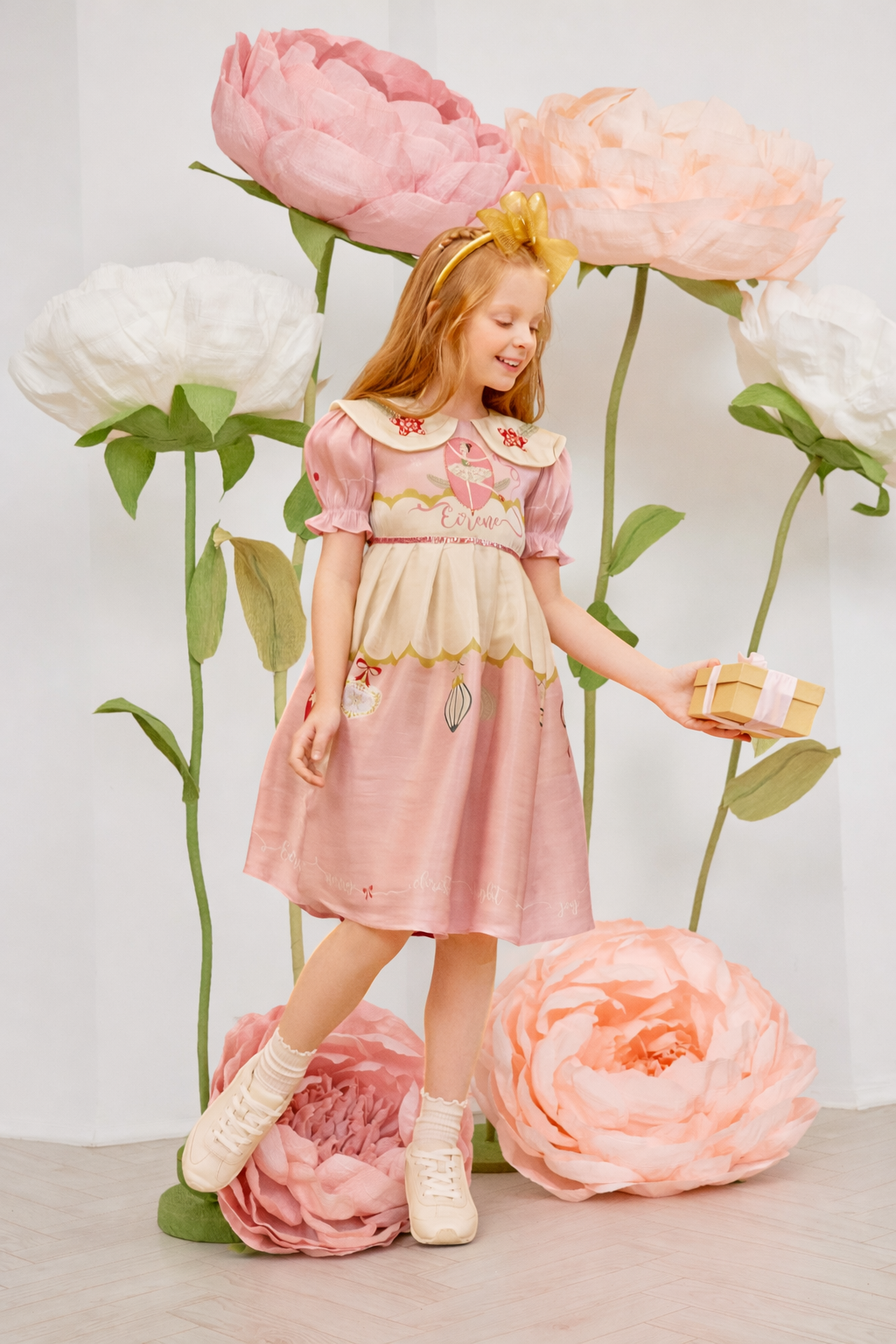 Pink and yellow Christmas dress with hand-embellished collar