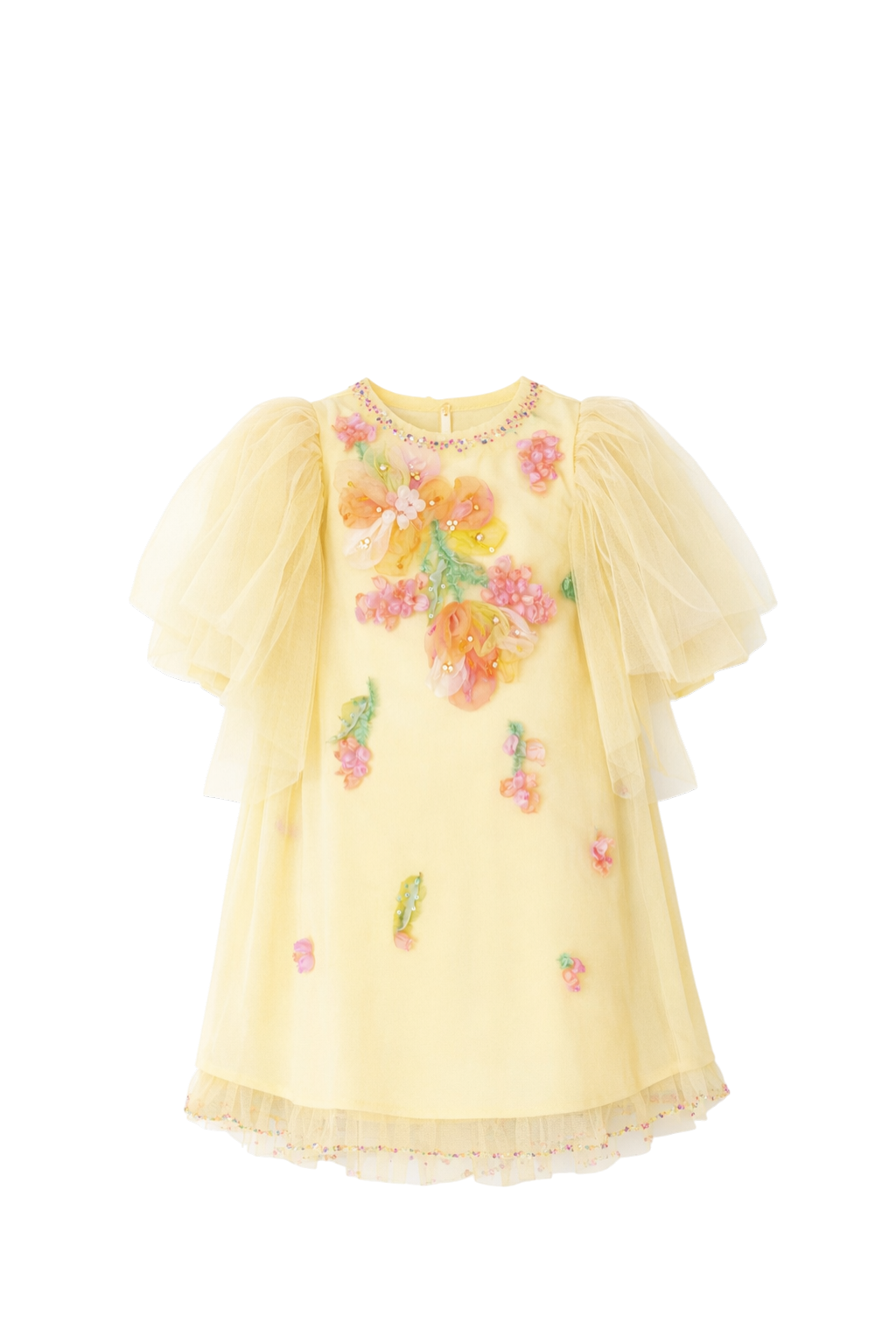 Yellow tulle dress with hand-embellished 3D flowers and tulle sleeves